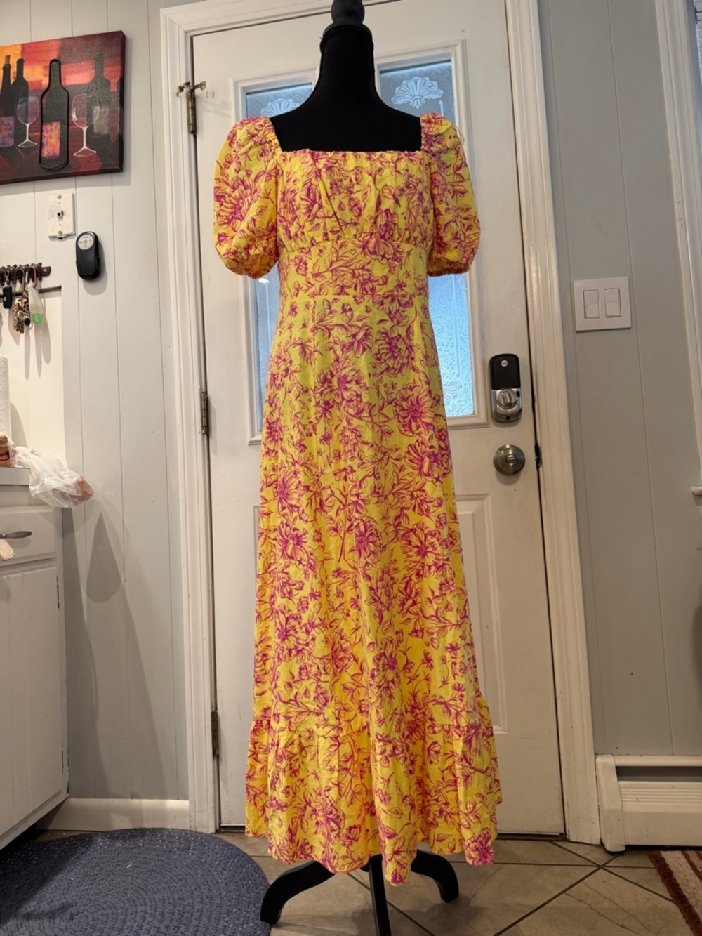 London Times Yellow Maxi Dress with Pink Floral Print - Picture 2 of 5